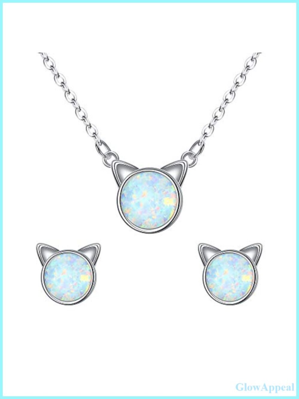 925 Sterling Silver Cat Stud Earrings Necklace Opal Hypoallergenic Jewelry Set